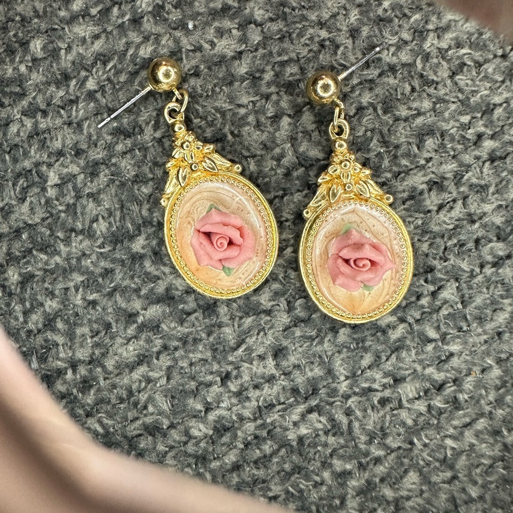 Gold and Pink Rose Drop Earrings